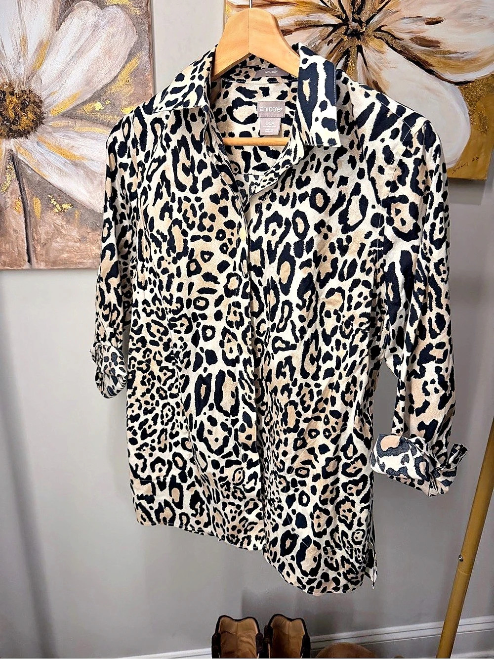 Chico's No Iron Leopard Print Shirt Animal Print Cotton Button Down